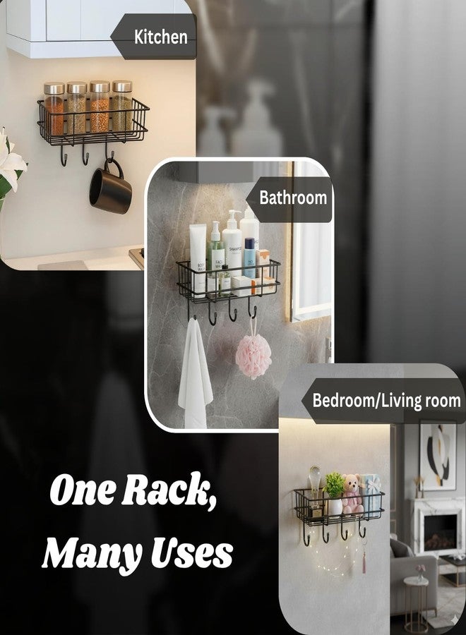 Well Set Self-Adhesive Multipurpose Bathroom Shelf with Hooks/Towel Holder/Rack/Bathroom Accessories-Wall Mount - Pack of 1 (Black,Powder Coated) - Image 5